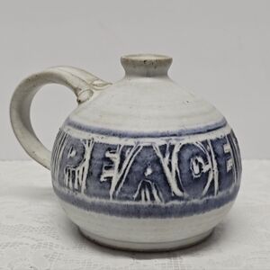 Vintage 1995 Signed Croizer PEACE White Blue Pottery Pitcher Vase